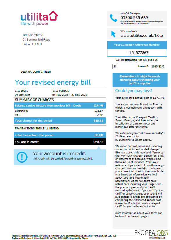 United Kingdom Utilita Energy utility bill template in Word and PDF formats